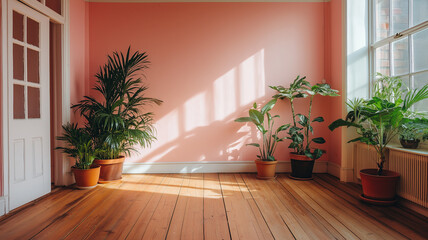 ベビーピンクの可愛い壁紙の広々とした部屋、観葉植物と窓からの光が美しいスペース。在宅仕事、オンラインセミナー、Zoom、打ち合わせ、SNS、動画の背景で使用可能