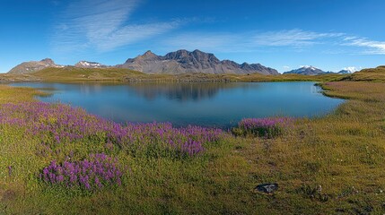 Stokksnes, Iceland landscape with beautiful nature scenery of vestron mountain range in summer with colorful blue sky and reflecting water lake surrounded. Beautiful natural landscape panorama 