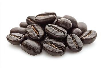 Naklejka premium A close-up view of a pile of dark roasted coffee beans, showcasing their rich brown color and texture.