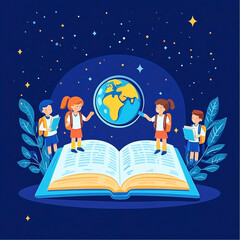 Students Studying with Open Book and Globe for Education Day