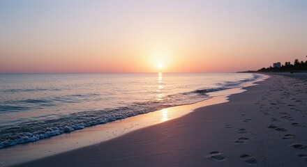 Naklejka premium Serene sunrise over tranquil beach with gentle waves and silhouetted horizon