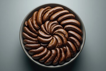 A bowl of dark roasted coffee beans arranged in a mesmerizing spiral pattern.