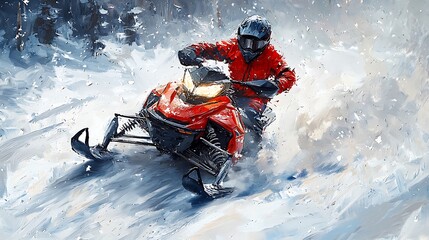 A snowmobiler speeds through a snowy landscape, a vibrant illustration capturing the thrill of winter sports.
