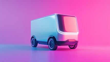 Futuristic white delivery van in neon lighting.