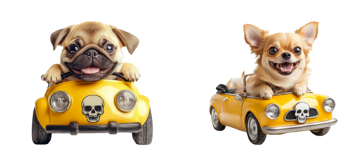Cute Dogs in Cartoon Cars with Skulls on Transparent Background