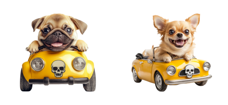 Cute Dogs in Cartoon Cars with Skulls on Transparent Background