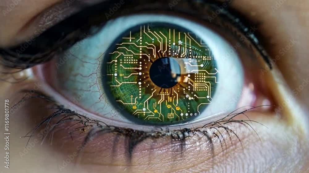 Poster A close-up view of an eye showcases vibrant green colors blended with intricate circuit patterns. The captivating design represents the fusion of technology and biology, reflecting a digital future.