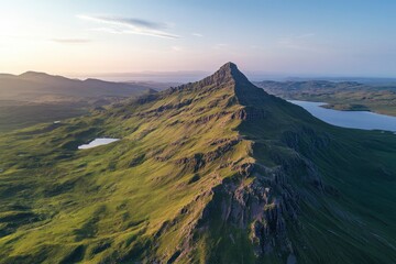 The Old Man of Storli, the most famous peak on Skye island in Scotland, is seen from above during...