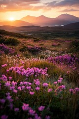 The sun shines on the vibrant pink firefall flowers in Clipper Field, Great National Park at sunrise, with towering mountains visible across the horizon. The colorful wildflowers line the valley floor
