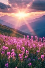 Fototapeta premium The sun shines on the vibrant pink firefall flowers in Clipper Field, Great National Park at sunrise, with towering mountains visible across the horizon. The colorful wildflowers line the valley floor