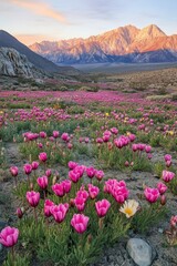 Fototapeta premium The sun shines on the vibrant pink firefall flowers in Clipper Field, Great National Park at sunrise, with towering mountains visible across the horizon. The colorful wildflowers line the valley floor