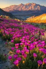 Obraz premium The sun shines on the vibrant pink firefall flowers in Clipper Field, Great National Park at sunrise, with towering mountains visible across the horizon. The colorful wildflowers line the valley floor