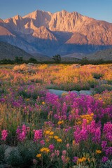 Fototapeta premium The sun shines on the vibrant pink firefall flowers in Clipper Field, Great National Park at sunrise, with towering mountains visible across the horizon. The colorful wildflowers line the valley floor