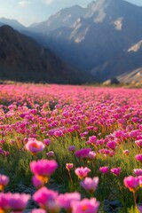 Obraz premium The sun shines on the vibrant pink firefall flowers in Clipper Field, Great National Park at sunrise, with towering mountains visible across the horizon. The colorful wildflowers line the valley floor