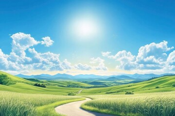 Fototapeta premium The undulating grassland, the green wheat fields, and the blue sky form an endless landscape under the sunlight. The road meanders through the field, creating a winding path leading towards