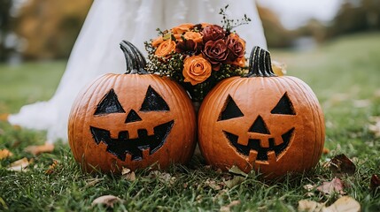 Two Jack-o'-lanterns with a fall wedding bouquet nestled between them, sitting in the grass.