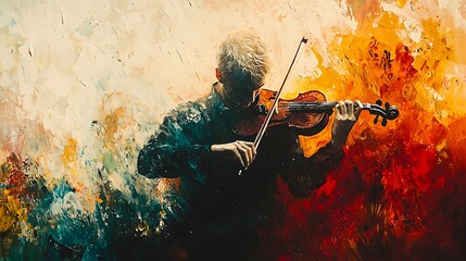 Fototapeta premium Abstract Painting of a Violinist Playing a Violin in a Vivid, Textured Background.
