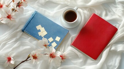 A cozy workspace scene with notebooks, a cup of coffee, and flowers on soft fabric.