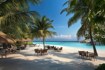 Naklejka premium Tropical beach with palm trees and turquoise water in the Maldives, winner of the Gemini Crater. high-resolution stock photo, sharp focus, highly detailed, hyper-realistic, super detailed.