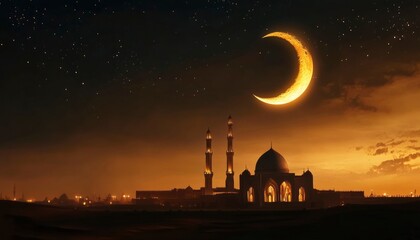 Obraz premium Vector illustration of a crescent moon over a mosque silhouette at night with a copy space banner background, a Ramadan Islamic celebration holiday concept.