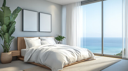 A modern bedroom with large windows overlooking the ocean, featuring a white bed and two blank wall frames on each side of it