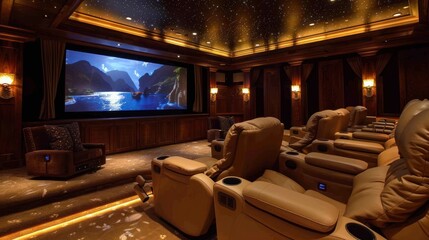 A comfortable home theater complete with plush reclining chairs, AI generated images