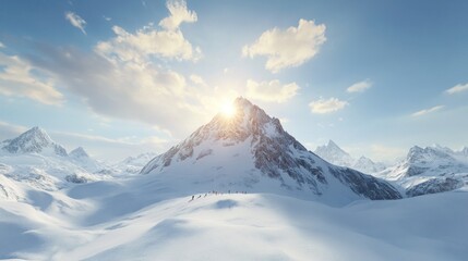 A breathtaking mountain landscape at sunrise, showcasing snow-covered peaks and a clear sky.
