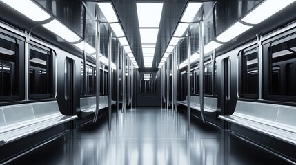 A modern subway train interior with sleek design and empty seating.