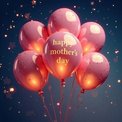 Pink balloons with "happy mother's day" text and sparkling lights against a dark background to celebrate mother's day