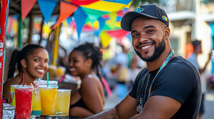 Joyful Brazilian Street Vendor Smiling and Serving Colorful Drinks at Carnival. Concept of Festive Celebration, Cultural Festivity, Lively Atmosphere, Refreshing Beverages