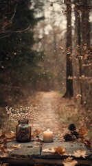 Enchanting autumn forest path with candles and pinecones creating a cozy and atmospheric woodland scene  Soft lighting mist and fallen leaves set the mood for a peaceful