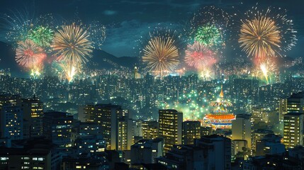Obraz premium Vibrant Brazilian Carnival Night with Illuminated Cityscape and Fireworks Display Celebrating Festive Culture and Urban Joy