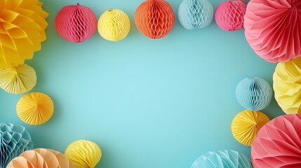 Colorful paper decorations frame a pastel blue background