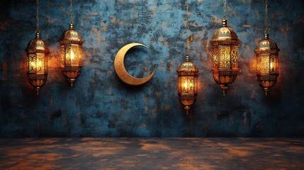 Obraz premium Ornate lanterns and crescent moon on textured wall.