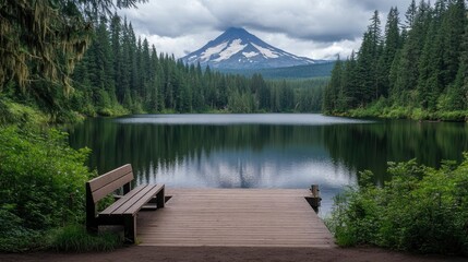 Obraz premium Wooden dock with bench overlooking Trillium Lake, a breathtaking view of the lake and forest landscape in an American national park. Classics at Tril - dramatic sky, summer time, cloudy sky.