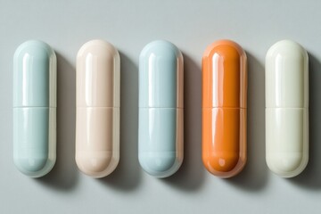 Obraz premium Five colorful capsules arranged in a row on a gray background.