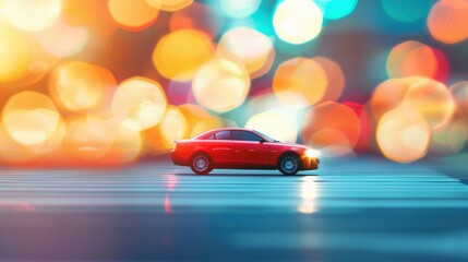 Fototapeta premium A red car races along a city street at night, surrounded by vibrant, blurred lights that create a lively, dynamic atmosphere