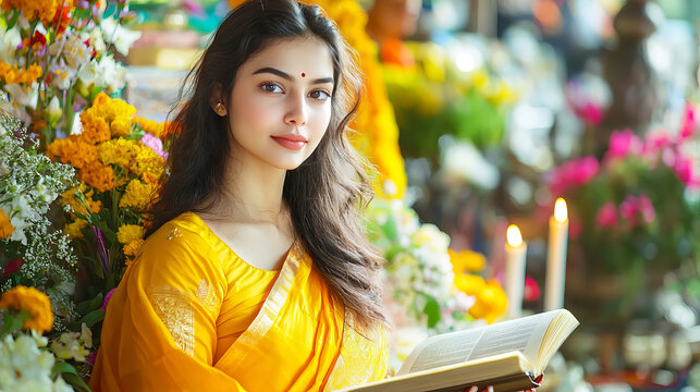 Indian Woman Celebrating Basant Panchami in Traditional Attire Surrounded by Flowers and Candles. Concept of Cultural Festivals, Spirituality, and Heritage