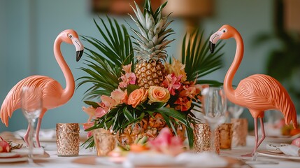 Two Pink Flamingo Decorations Flanking a Tropical Pineapple Centerpiece on a Table Setting.