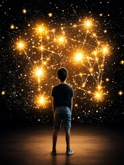 Fototapeta premium boy looking at glowing constellations, child gazing at night sky stars, star constellation wonder with boy silhouette ,stargazing inspiration for children, educational constellation backgrounds