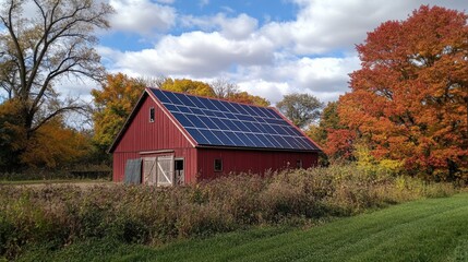 Solar panels installed on the rooftop of a rural farm structure to produce energy.