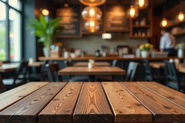 Empty rustic wooden table, blurred restaurant bokeh background, illumination, dish, backdrop