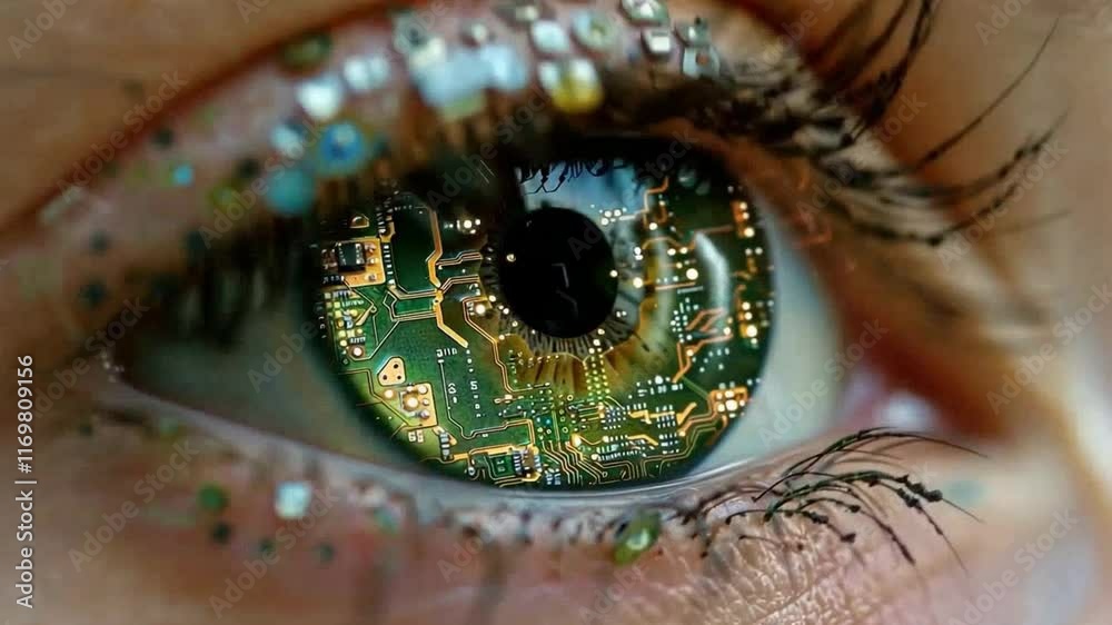 Poster a close-up captures a human eye with vibrant colors and reflections of complex circuit designs. this