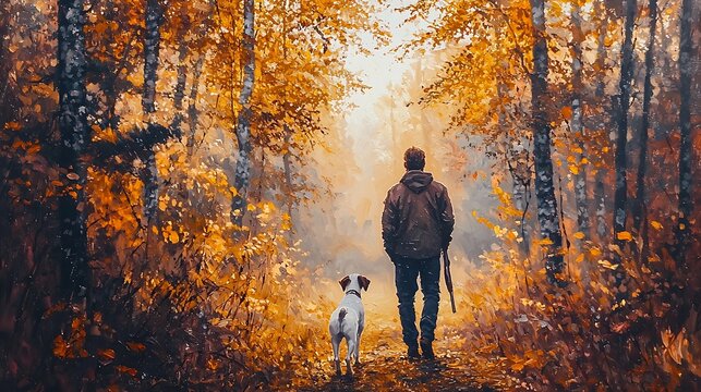 Man and Dog Walking Through a Golden Autumn Forest.