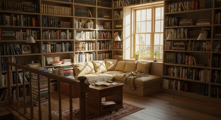 Obraz premium Cozy home library with sunlit reading nook and wooden bookshelves
