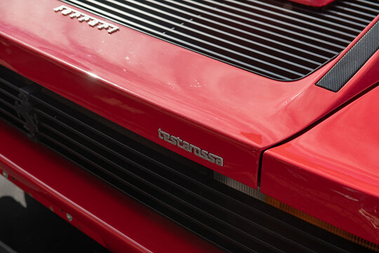 Ferrari testarossa, a brand symbol of supercars, luxury and top performance. Italian design of the sports car. The thrill of driving with a passion for speed. Turin, Italy September 14, 2024.