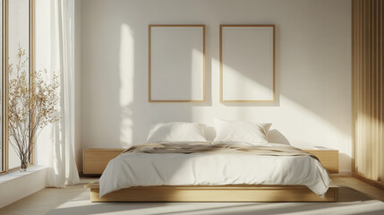 Minimalist bedroom with two empty wooden frames on the wall above the bed