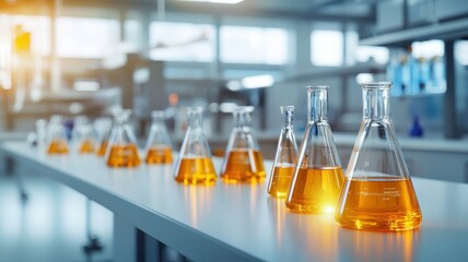 Chemical and substance synthetic concept. A  chemical laboratory featuring a glowing synthetic solution.