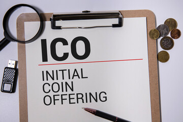 Alphabet letter block in word ICO Abbreviation of Initial coin offering or initial currency offering