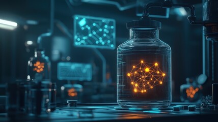 Chemical and substance synthetic concept. Synthetic compounds glowing with vibrant colors, showcasing unique scientific properties in a captivating visual format.